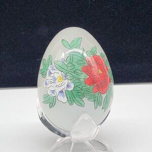 Vintage Glass Egg Ornament Decor Flowers & Butterflies Red Blue 2.5"